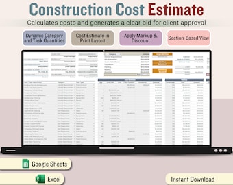 Baukostenschätzungsrechner, digital druckbare Angebotsschätzungsvorlage, Projektplaner für Auftragsarbeiten (Excel und Google Sheets)