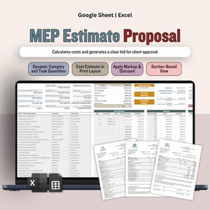 May include: A laptop displays a spreadsheet titled "MEP Estimate Proposal." The screen shows data tables and several buttons with text like "Dynamic Category" and "Cost Estimate." Three printed documents are on the right.