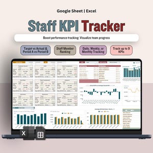 May include: A laptop displaying a "Staff KPI Tracker" spreadsheet. The screen shows data visualizations, charts, and tables. Text on the screen includes "Target vs Actual", "Staff Member Ranking", and "Track up to 9 KPIs". The laptop is on a light pink background.