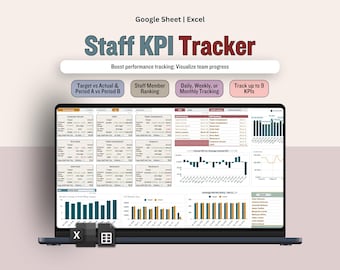 Peut inclure: Un ordinateur portable affichant une feuille de calcul "Staff KPI Tracker". L'écran présente des visualisations de données, des graphiques et des tableaux. Le texte comprend "Target vs Actual", "Staff Member Ranking" et "Track up to 9 KPIs". Fond rose clair.