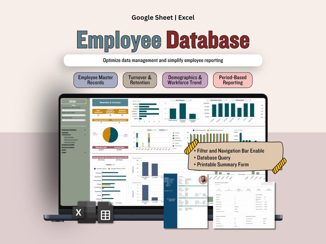 Employee Database Manager Spreadsheet, HR Data Management Dashboard and ...