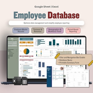 May include: A laptop screen displaying an "Employee Database" in Google Sheets. The screen shows charts and graphs with the text "Optimize data management and simplify employee reporting." Buttons read "Employee Master Records," "Turnover & Retention," and "Demographics & Workforce Trend."