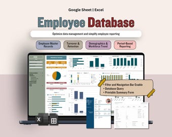 May include: A laptop screen displaying an "Employee Database" in Google Sheets. The screen shows charts and graphs with the text "Optimize data management and simplify employee reporting." Buttons read "Employee Master Records," "Turnover & Retention," and "Demographics & Workforce Trend."
