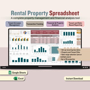 Rental Property Spreadsheet: Multi Property Income and Expense Template, Rental Bookkeeping, Tenant Tracker Rent Payment Excel Google Sheets
