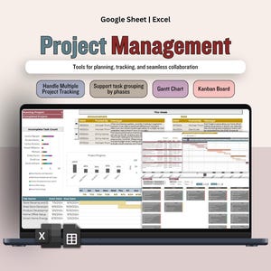 Pode incluir: Uma tela de laptop exibindo uma interface de gerenciamento de projetos. A imagem inclui o texto "Project Management" e opções para planejamento, rastreamento e colaboração. A interface mostra gráficos e tabelas.