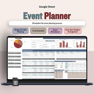 Pode incluir: Um laptop exibindo uma planilha do Google chamada "Event Planner". A tela mostra uma planilha de planejamento de orçamento com um gráfico de pizza e gráficos de barras. O texto "Streamline the event planning process" é visível.