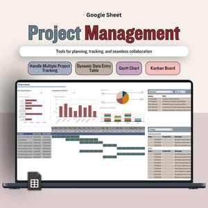 May include: A laptop displays a Google Sheet interface for project management. The screen shows charts, graphs, and a Gantt chart. Text includes "Project Management" and tools for planning, tracking, and collaboration.