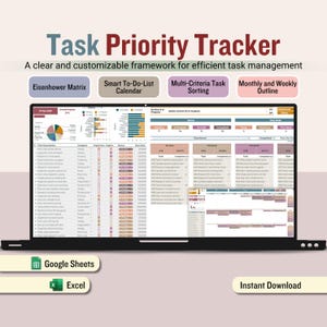 Task Priority Tracker, Urgent & Important Eisenhower Matrix Spreadsheet, To-Do List Smart Calendar Template, Productivity Brain Dump Planner