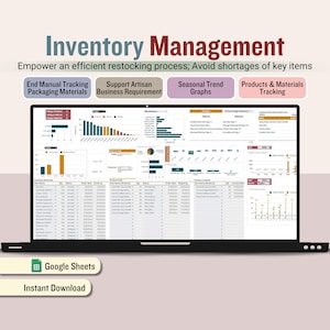 Sistema de seguimiento de inventario, hoja de cálculo de control de existencias, base de datos de proveedores, seguimiento automático de existencias de materiales y productos, negocio de artesanía.