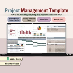 Project Management Template, Manage and Plan Projects And Task spreadsheet, Project Timeline, Gantt Chart, Kanban view, Track Team Workload