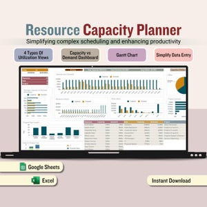 Planificador de capacidad de recursos (hoja de cálculo), panel de utilización (hoja de cálculo de Google), seguimiento de gestión de proyectos, plantilla de diagrama de Gantt de capacidad y demanda