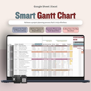 Może przedstawiać: Laptop wyświetla "Smart Gantt Chart" w formacie arkusza kalkulacyjnego. Ekran pokazuje dane planowania projektu z kolumnami dla zadań, dat i postępów. Obraz zawiera tekst "Achieve a project planning process that's truly effortless."