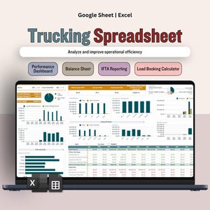May include: A laptop screen shows a trucking spreadsheet with data analysis tools. The display includes charts, graphs, and tables for performance dashboards, balance sheets, IFTA reporting, and load booking calculations. The title "Trucking Spreadsheet" is visible.