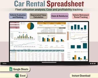 Multiply Car Rental Tracker,  Car Rental Income Expense Spreadsheet, Carshare Bookkeeping Template, fleet management Mileage Tracker