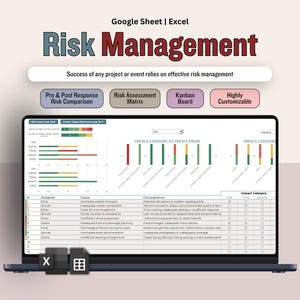 Peut inclure: Un ordinateur portable affiche une feuille de calcul de gestion des risques avec des graphiques et des données. Le texte "Risk Management" et "Success of any project or event relies on effective risk management" sont visibles. D'autres textes incluent "Pre & Post Response Risk Comparison", "Risk Assessment Matrix", "Kanban Board", et "Highly Customizable".