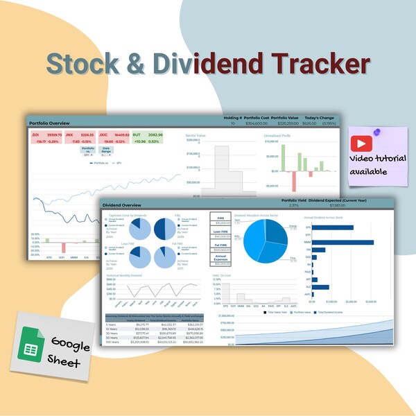 Investment Tracker, Stock & Dividend Personal Finance Google Spreadsheet, Financial Planner Dashboard, Stock Portfolio Benchmark