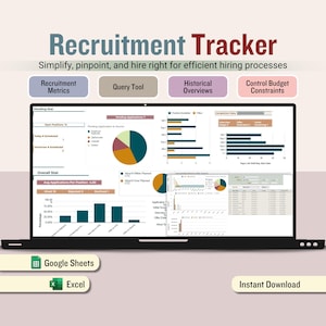 Rastreador de reclutamiento, hoja de cálculo para la gestión de solicitudes y puestos de trabajo, plantilla de recursos humanos, métricas clave de reclutamiento, panel de indicadores clave de rendimiento (KPI) de RR.
