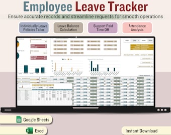 Employee Absence Tracker, Leave Balance Calculation, Human Resource Spreadsheet, Pay Time off HR  Digital Template, Attendance Analysis
