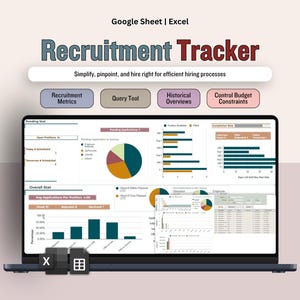 Può includere: Uno schermo di un laptop che mostra una dashboard di monitoraggio del reclutamento con grafici. Il titolo "Recruitment Tracker" è ben visibile, insieme al testo "Google Sheet | Excel". Sono visibili i pulsanti per "Recruitment Metrics", "Query Tool", "Historical Overviews" e "Control Budget Constraints".
