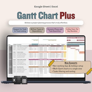 Pode incluir: Um ecrã de laptop exibe uma planilha Gantt Chart Plus, apresentando recursos de planejamento de projetos. A imagem inclui texto que destaca a ligação de tarefas, os tipos de dependência e as quantidades de tarefas dinâmicas. Recursos adicionais incluem a configuração de dias não úteis.