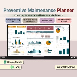 Maintenance Schedule Planner, Recurring Scheduling Template, Maintenance Cost Tracker, Maintenance Management Dashboard and Task Calendar