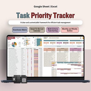 May include: A laptop displays a task management spreadsheet titled "Task Priority Tracker." The screen shows data organized in columns and rows, with charts and graphs. The text "Google Sheet | Excel" is at the top, and the laptop is on a light pink background.