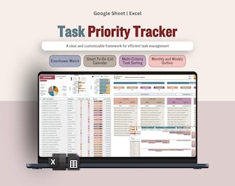 Task Priority Tracker, Urgent & Important Eisenhower Matrix Spreadsheet, To-Do List Smart Calendar Template, Productivity Brain Dump Planner