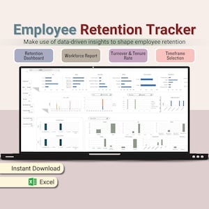 Human Resource Management Template, Retention Dashboard, Employee Data Tracker, HR KPI, Turnover Tenure Rate, Workforce Report Spreadsheet