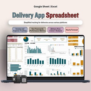 May include: A laptop displaying a spreadsheet titled "Delivery App Spreadsheet" with charts and graphs. The spreadsheet includes sections for income, expenses, and hourly forecasts. The text "Google Sheet | Excel" is at the top.