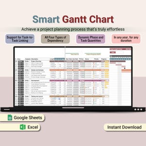 Gantt-Diagramm-Arbeitsblatt, Vorlage für Aufgabenabhängigkeiten, Projektplaner, Aufgabentracker für kleine Unternehmen, Fortschritttracker für automatisierte Zeitlinien