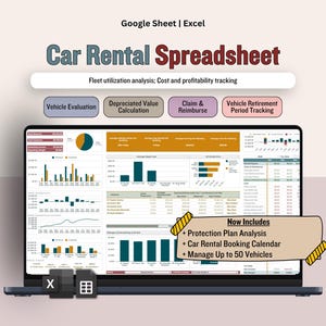 May include: A laptop displays a "Car Rental Spreadsheet" in Google Sheets or Excel. The spreadsheet includes fleet utilization analysis, cost and profitability tracking, and features like vehicle evaluation and claim reimbursement. It now includes protection plan analysis and car rental booking calendar.