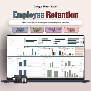Pode incluir: Um ecrã de computador portátil que mostra uma folha de cálculo do Excel com visualizações de dados relacionadas com a retenção de funcionários. O título "Employee Retention" está em negrito, com texto de apoio. Os botões para "Retention Dashboard", "Workforce Report" e mais estão visíveis.