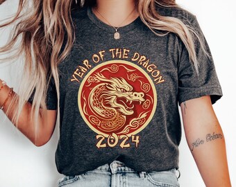 Red Gold Chinese New Year 2024 Shirt, Year of the Dragon TShirt, Lunar New Year Shirt, Chinese Zodiac Fortune Gift, Mythical Creature Tee