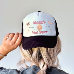 Personalized Retro Disco Bachelorette Hats, Last Disco Bachelorette Party Favors, Bridal Party Trucker Hat, Custom Location Bachelorette Cap