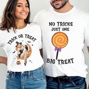 Funny Couple Matching Halloween Shirts, Trendy Halloween Costume for Couples, Halloween Ghost Couple TShirts, Trick or Treat Couples Tees