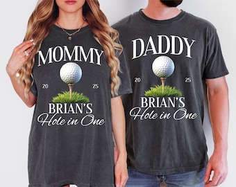 Custom Hole In One First Birthday Comfort Colors® Shirt, Golf Theme 1st Birthday Party Shirts, Mommy Daddy Family Matching Golf Birthday Tee
