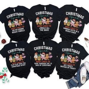 Funny Tropical Christmas Shirts, Christmas on Beach Shirts, Matching Family Christmas Shirts, Mom Dad Kids Most Likely to Holiday Xmas Tees