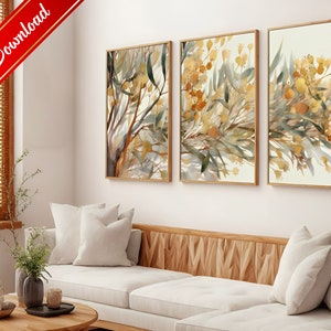 Botanical Watercolor Gallery Art, Printable Golden Wattle Prints, Acacia Flowers, Set of 3, Abstract Boho Neutral Yellows, Digital Downloads