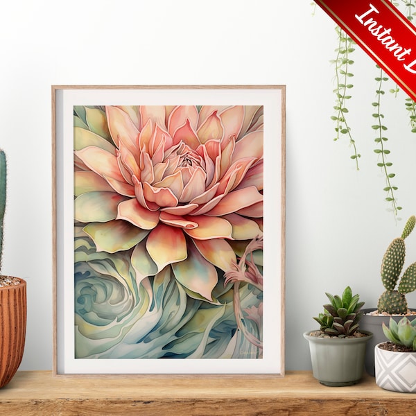 Printable Sempervivum Succulent Watercolor Print, Botanical Abstract Bohemian Wall Art, Digital Download, Popular Trendy Boho Gallery Framed