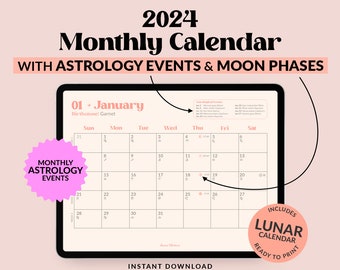 2024 Year Calendar, Moon Calendar, Lunar Calendar, 2024 Astrology Planner, Black and White Monthly Calendar, Monthly Astrology PDF Printable