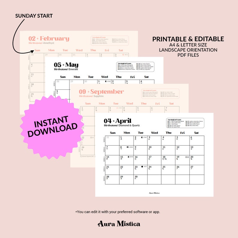 2025 Monthly Astrology Calendar, Moon Calendar, Lunar Calendar, 2025