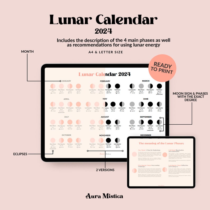 2024 Year Calendar, Moon Calendar, Lunar Calendar, 2024 Astrology