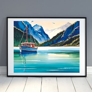 Fisherman in Fjords, Norwegian Fjords Wall Art, Fjords Norway Watercolor Painting, Printable Wall Art, Fjord Poster, Landscape Print,