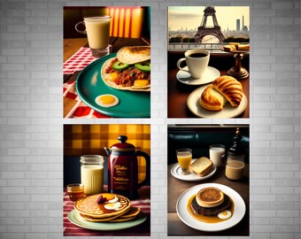 Breakfast Retro Art Posters, Home Decor, Kitchen Wall Posters, Cafe Vintage Wall Art, Illustration, 4 Image Set, Printable Instant Download