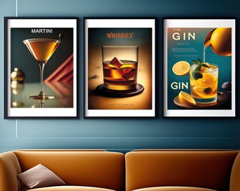 Cocktail Print Art Set of 3, Retro Vintage Gallery Wall Set, Bar Cart Wall Art, Cocktail Posters, Printable Art, Gin, Whiskey, Martini