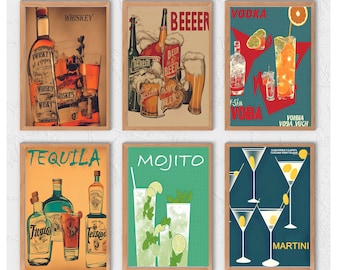 Cocktail Print Art Set of 6 Prints, Retro Vintage Gallery Wall Set, Bar Cart Wall Art, Cocktail Posters, Printable Art, Colorful Prints Set
