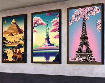 Statue of Liberty, Eiffel Tower, Pyramid, Set of 3, Ukiyo-e Style Poster Japanese Print, Travel Poster, Wall Art, Home Office Decor, Gift,