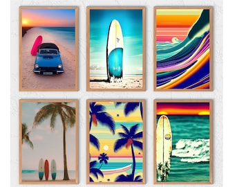 Surfboards Decor, Coastal Wall Art Set of 6 Prints, Beach Prints, Ocean, Palm, Tropical Vibes, Surfing Poster, Summer California Download