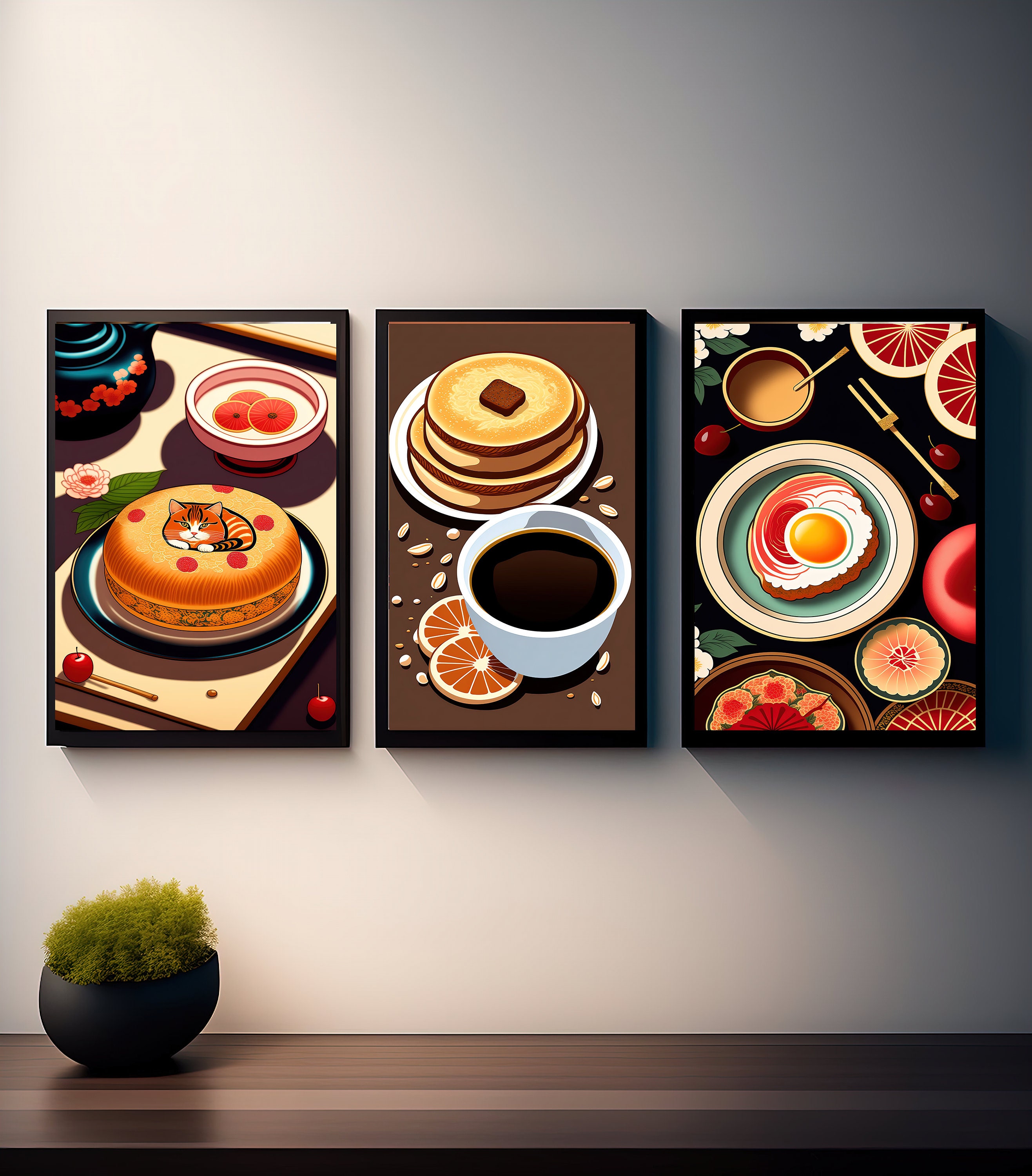 Breakfast Art Posters, Home Decor, Kitchen Wall Posters, Cafe Wall Art, Ukiyo-e Style Illustration, 3 Image Set, Printable Instant Download