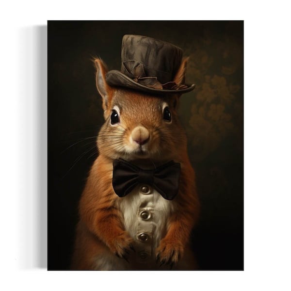 Squirrel Vintage Portrait, Victorian Squirrel In A Top Hat Painting, Animals in Clothes Decor, Funny Animal Art, Whimsical Animals 18AS